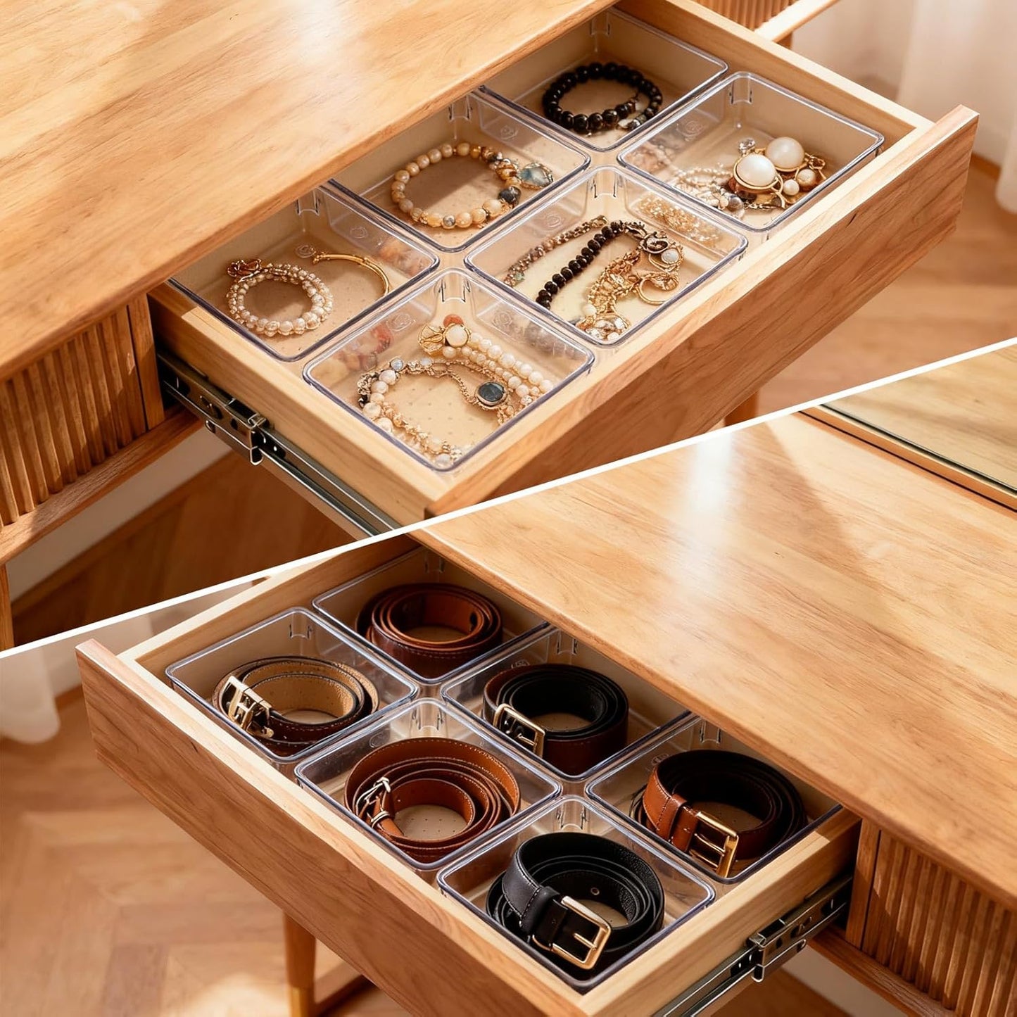 Ohlove 6 Pcs Large Clear Plastic Drawer Organizers Tray 15" x 6.3" Storage Bins with 25 Pcs Non-Slip Pads for Makeup, Jewelries, Kitchen Utensils, Bathroom and Office