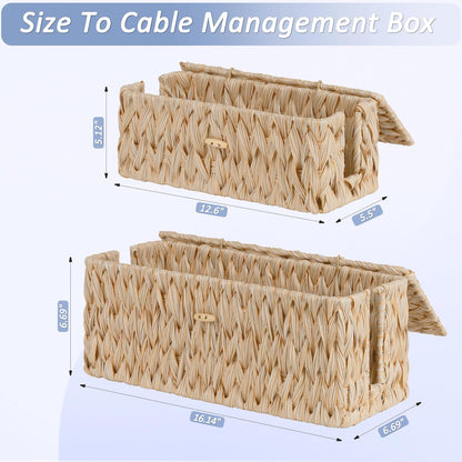 efluky 2 Pack Plastic Cable Management Boxes, Hand-Woven Cord Organizer Box with Lid, 2 Open Slots Cable Organizer Basket to Hide Power Strip and Charger for Home & Office and Dorm,Natural