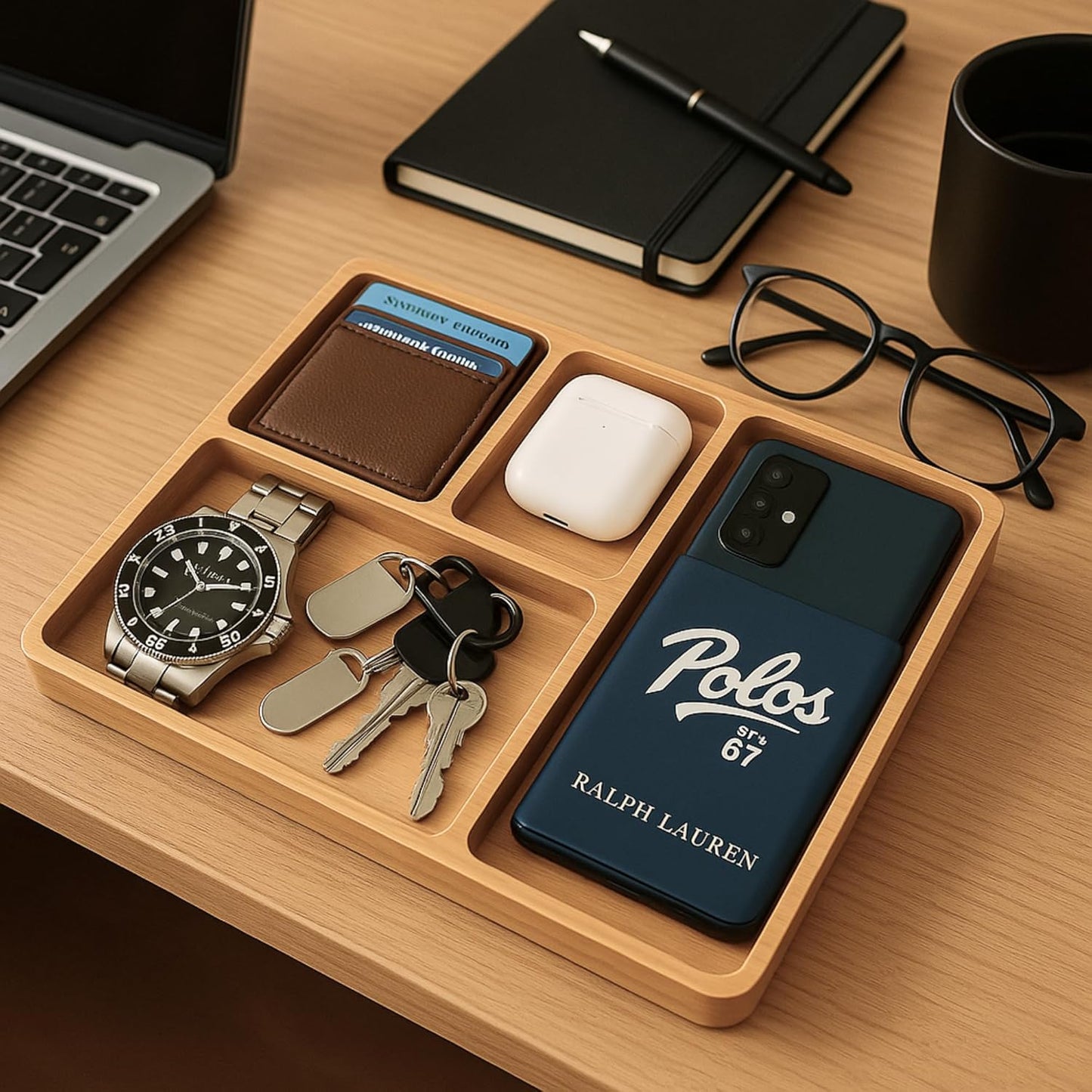 YELLOW LOTUS Bamboo Wood Valet Tray for Men - Wooden Mens Valet Tray Organizer for Nightstand Dresser, Entryway Catch All Desk Storage For Key Wallet Phone Jewelry Watch, Father's Day Gift, Brown