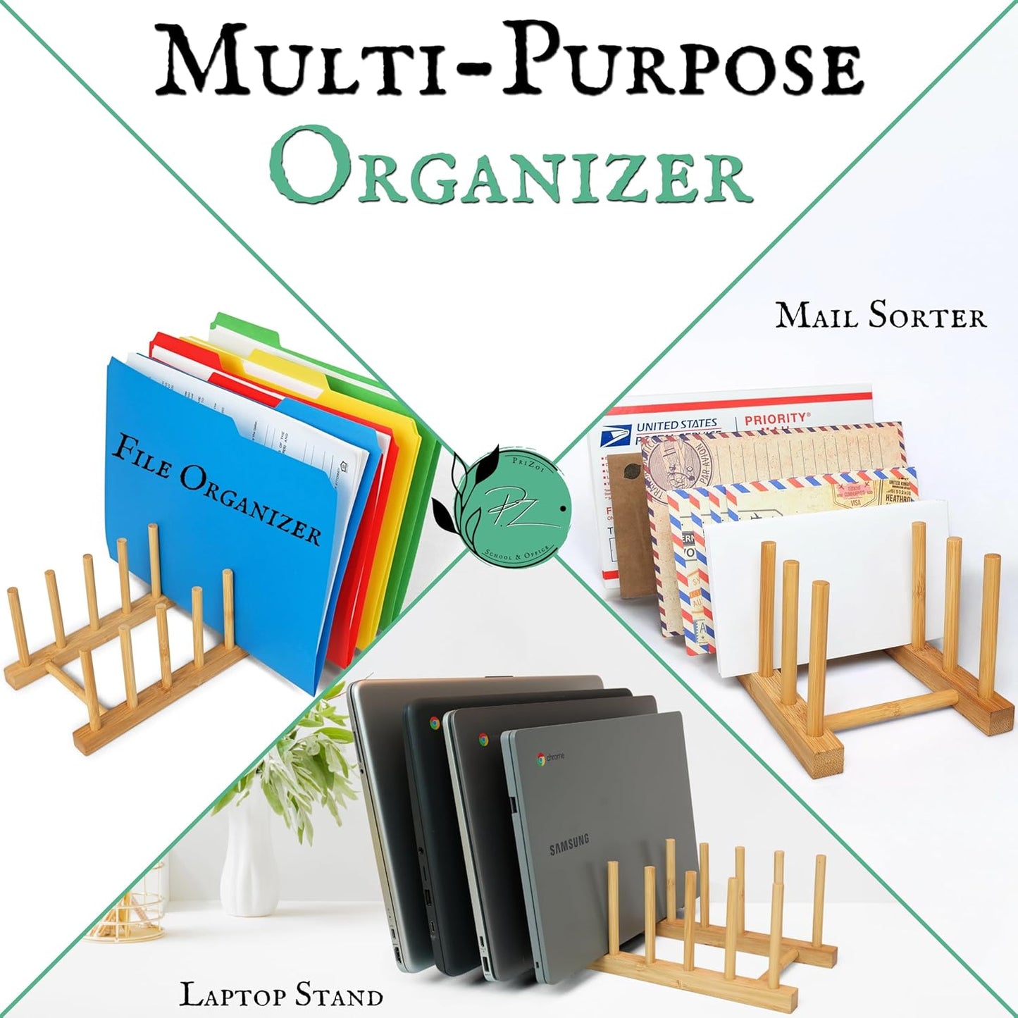 PriZoi® Vertical File Organizer for Desk - Upright 8 Section Bamboo Mail Sorter Organizer - Letter Sorter, Envelope Holder for Desk Top