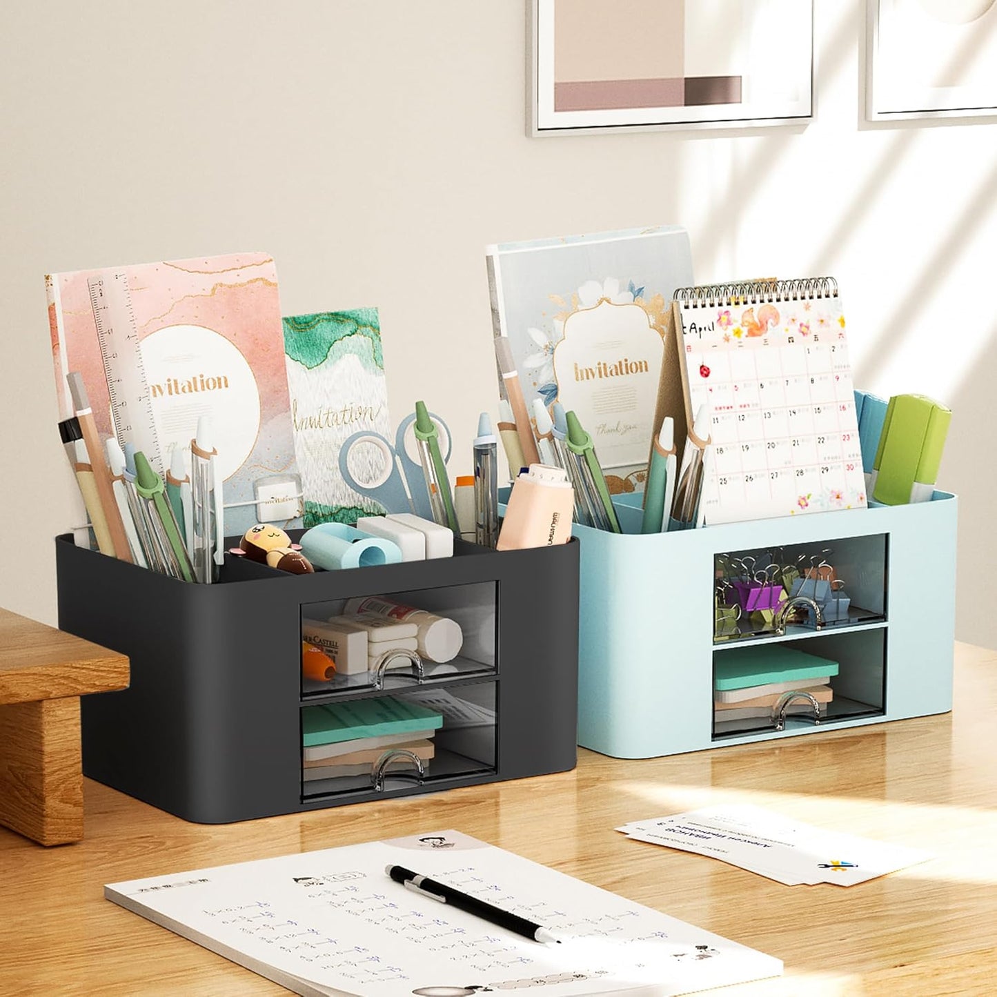 Marbrasse Pen Organizer with 2 Drawer, Multi-Functional Pencil Holder for Desk, Desk Organizers and Accessories with 5 Compartments + Drawer for Office Art Supplies (White)