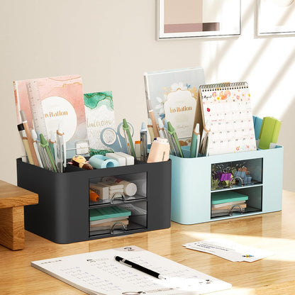 Marbrasse Pen Organizer with 2 Drawer, Multi-Functional Pencil Holder for Desk, Desk Organizers and Accessories with 5 Compartments + Drawer for Office Art Supplies (White)