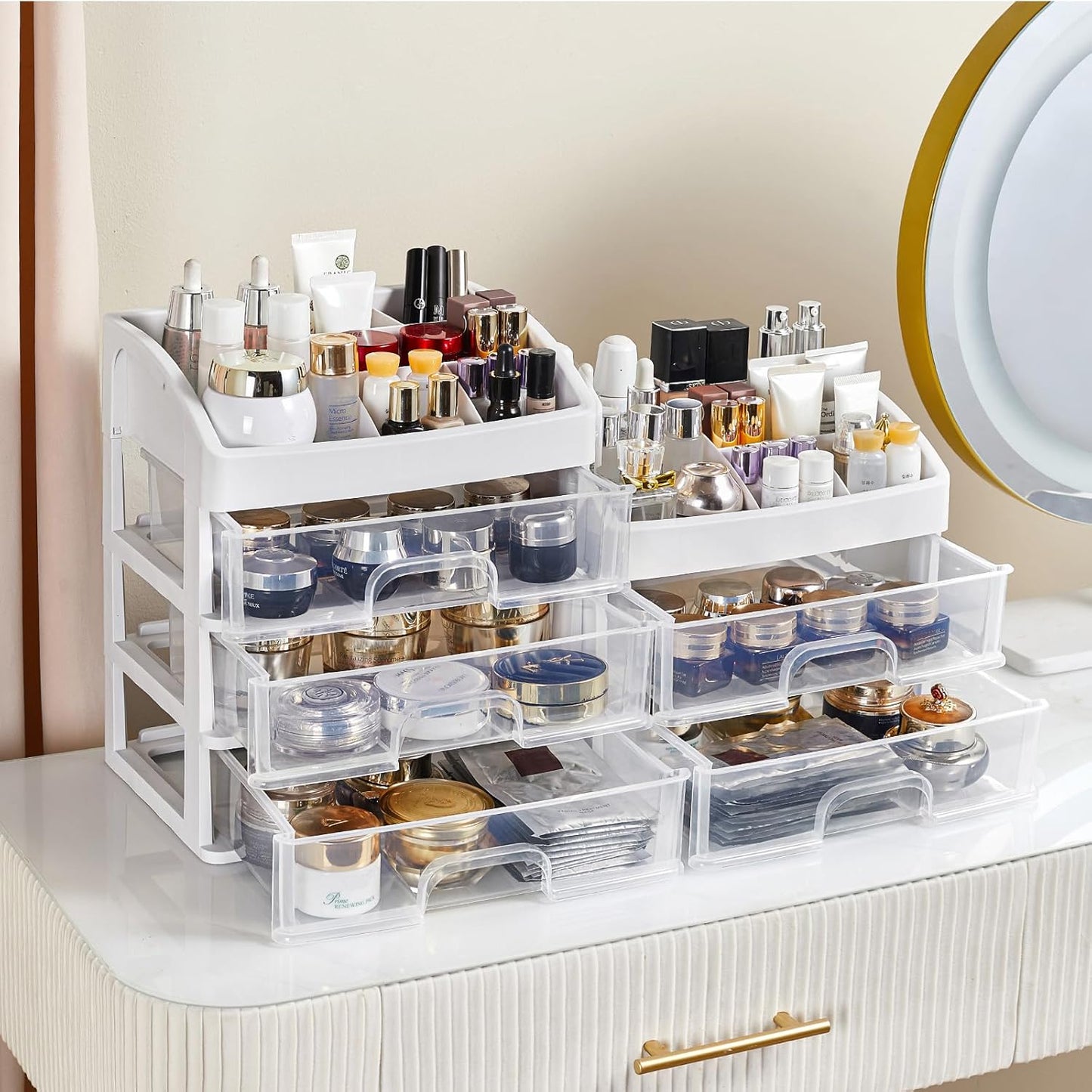 Desk Organizer with 4 Drawer Storage, Desktop Drawers Organizer for Office/School Supplies, Plastic Stationary Makeup Organizer, Desk Storage Box Organizer for Office, School, Bathroom