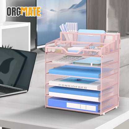 5 Tier Mesh Desk Organizer,Multi Functional Letter Paper Tray with 3 Pen Holders and 5 Adjustable Storage Compartments for Office Supplies Files and Mail Space Saving Desktop Organizer-Black