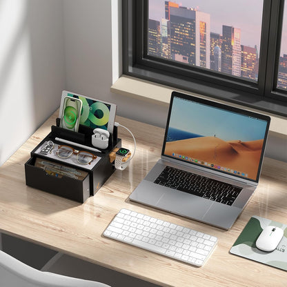 Pezin & Hulin Bamboo Charging Station for Multi Device, with Power Charger & Cables, Nightstand Docking Station with Lined Tray & Drawer, Compatible with Tablet, Cell Phones