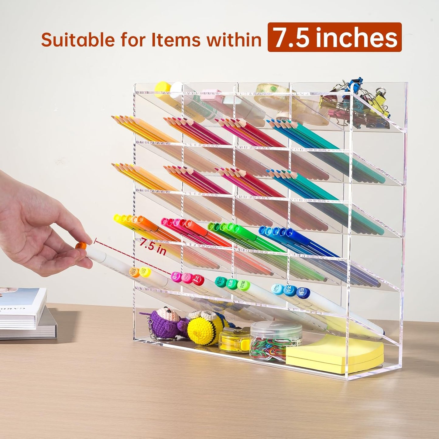 BEYGORM Acrylic Vertical Marker Organizer for 150 Markers with 13 Compartments, Clear Angled Pen & Pencil Holder, Large Desk Stationery & Art Supply Storage for Office & School (10.2 x 9.8 x 4 Inch)