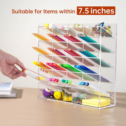 BEYGORM Acrylic Vertical Marker Organizer for 150 Markers with 13 Compartments, Clear Angled Pen & Pencil Holder, Large Desk Stationery & Art Supply Storage for Office & School (10.2 x 9.8 x 4 Inch)