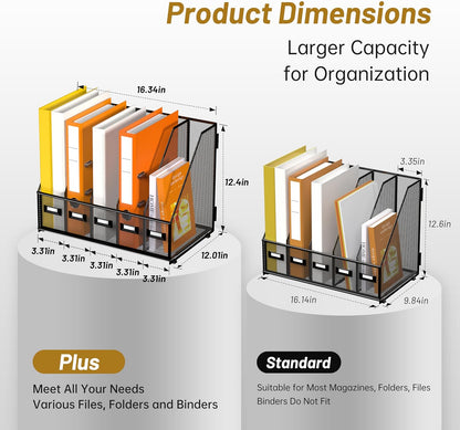 DALTACK 5 Vertical Compartments Magazine File Holder, Binder Organizer, Metal Desk Organizers for Office Home School Classroom Organization, Black