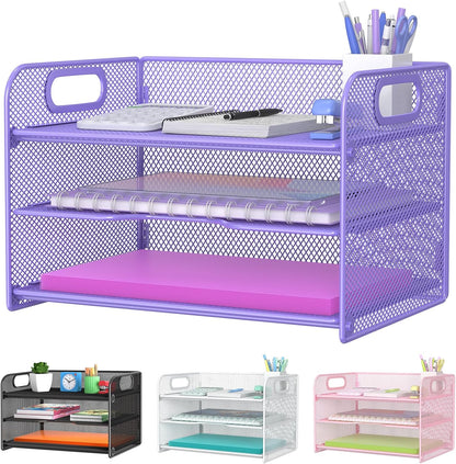 Samstar 3 Tier Letter Tray Paper Organizer with Handle, Mesh Desk Organizer Paper Sorter File Rack Shelves, Black