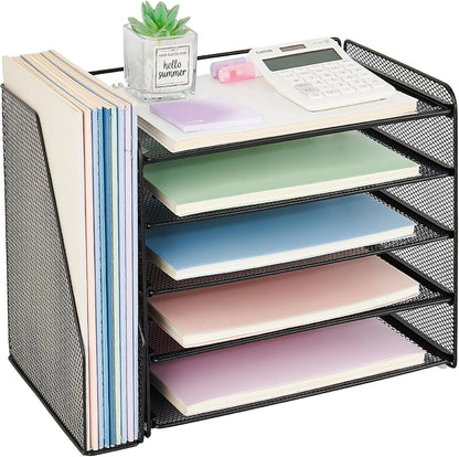 OPNICE Desk Organizer, 5-Tier Paper Organizer Letter Tray with Magazine Holder, Office Desk Accessories & Workspace Organizers, Desktop File Organizer for Office Supplies Storage, Black