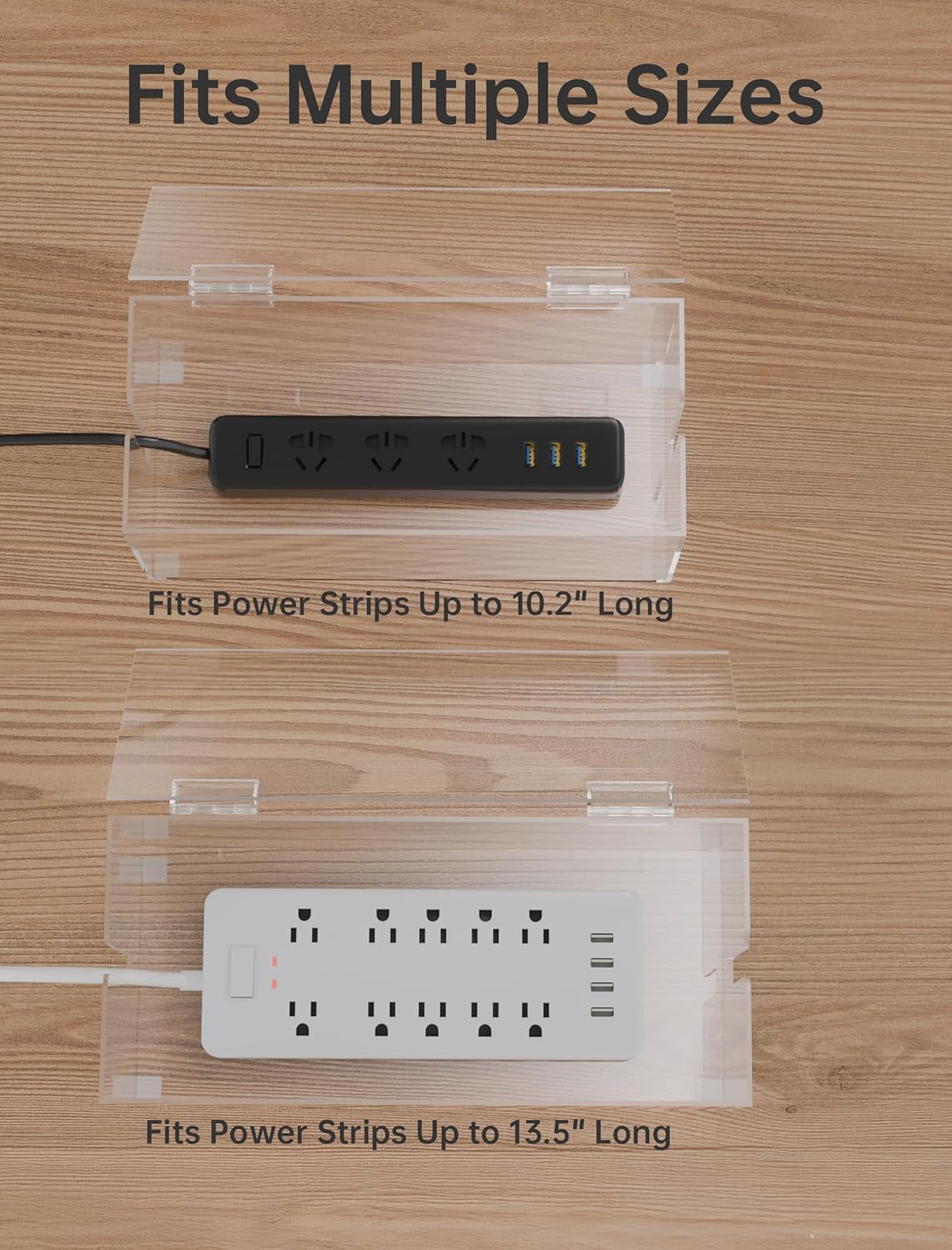 NiHome 2-Pack Clear Acrylic Cable Management Box Set, Large and Medium Power Strip Organizers with Ventilated Cover and Silicone Feet, Includes Reusable Ties, Transparent Cord Hider for Desk and Floor