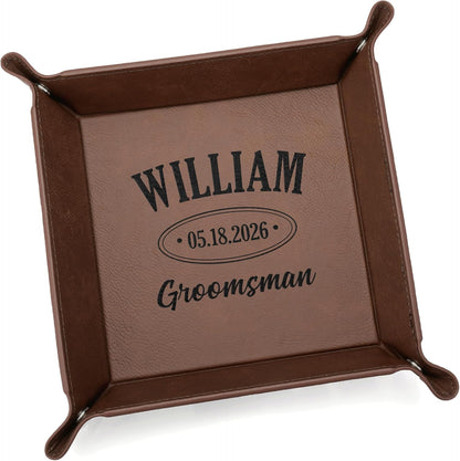 Lifetime Creations Monogrammed Valet Tray for Men (Brown) - Personalized Vegan Leather Catch All, Nightstand Desktop Desk Organizer for Coins, Keys, Watch