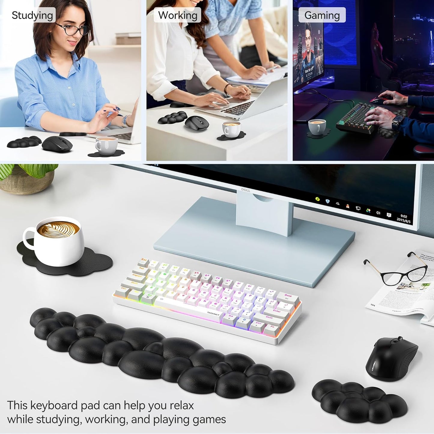 TECKNET Cloud Keyboard Wrist Rest Set, Cloud Wrist Rest with Non-Slip Base, PU Leather Wrist Pad for Keyboard with Ergonomic Memory Foam for Computer Laptop Office Gaming and Pain Relief, White