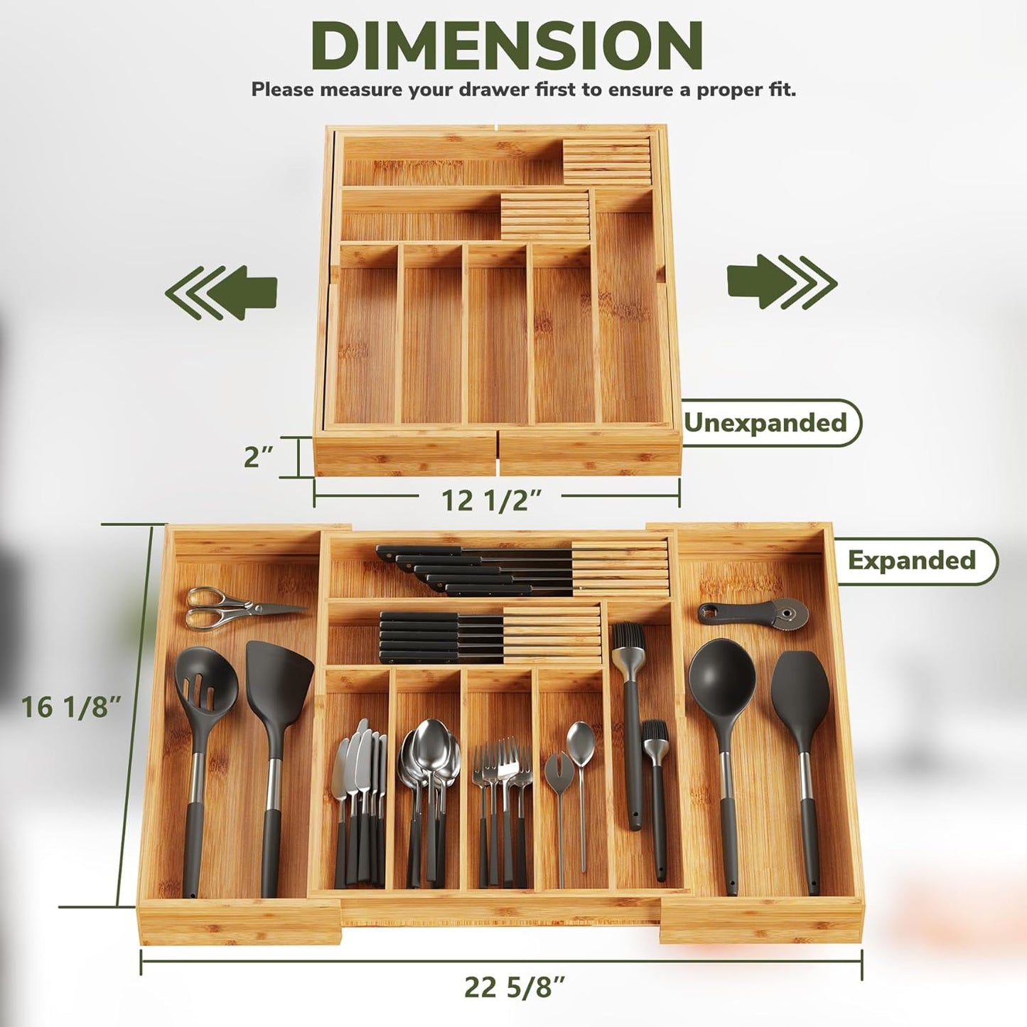 BAMEOS drawer organizer flatware organizer cutlery tray silverware organizer expandable adjustable bamboo drawer organizer kitchen bathroom