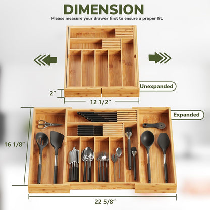 BAMEOS drawer organizer flatware organizer cutlery tray silverware organizer expandable adjustable bamboo drawer organizer kitchen bathroom