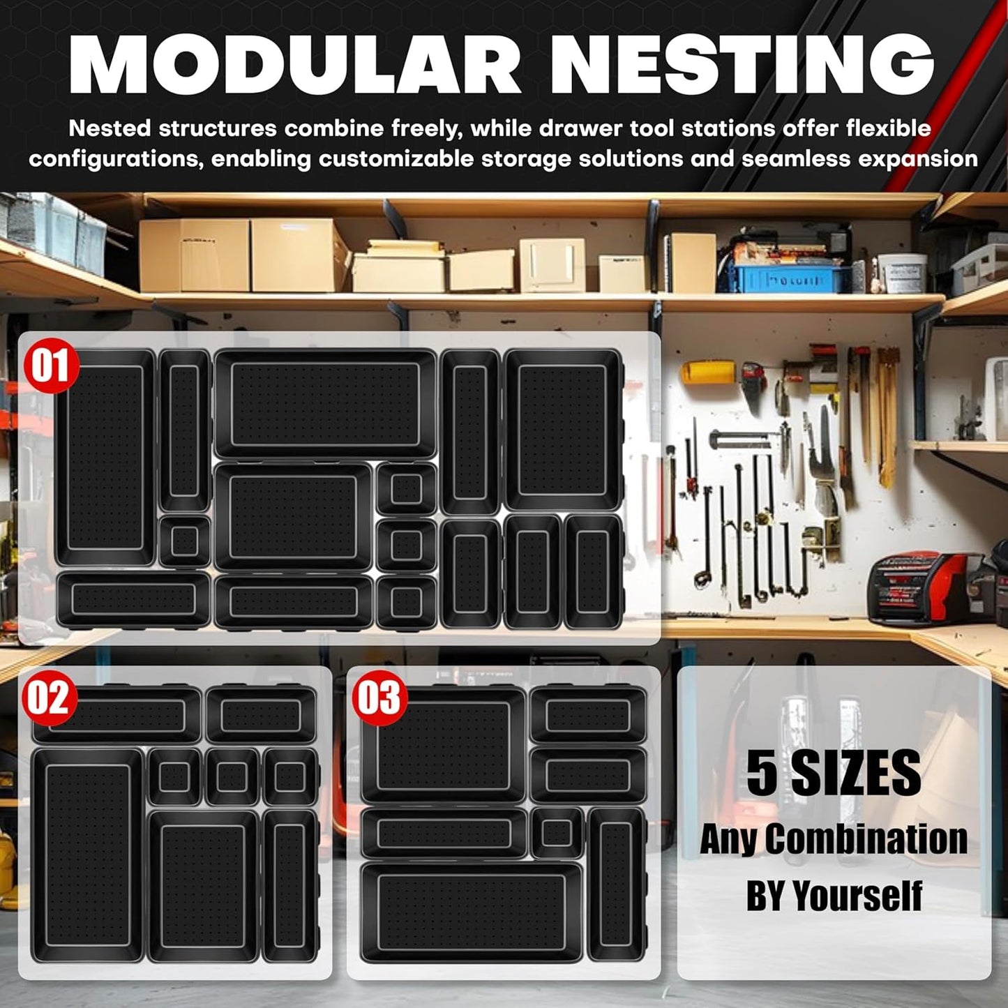 C&T 69-Pieces Tool Box Organizer Tray Divider Set, Tool Drawer Tray Divider, Large Plastic Interlocking Organizer (Includes 5 Sizes) for Drawer Organization, Workbench and Storage