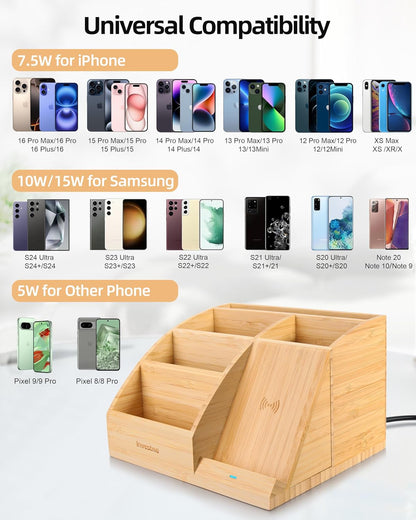 Bamboo Pen Holder with Wireless Charger, Desk Organizer with 5 Compartments for Home Office Supplies Compatible with iPhone & Samsung Series