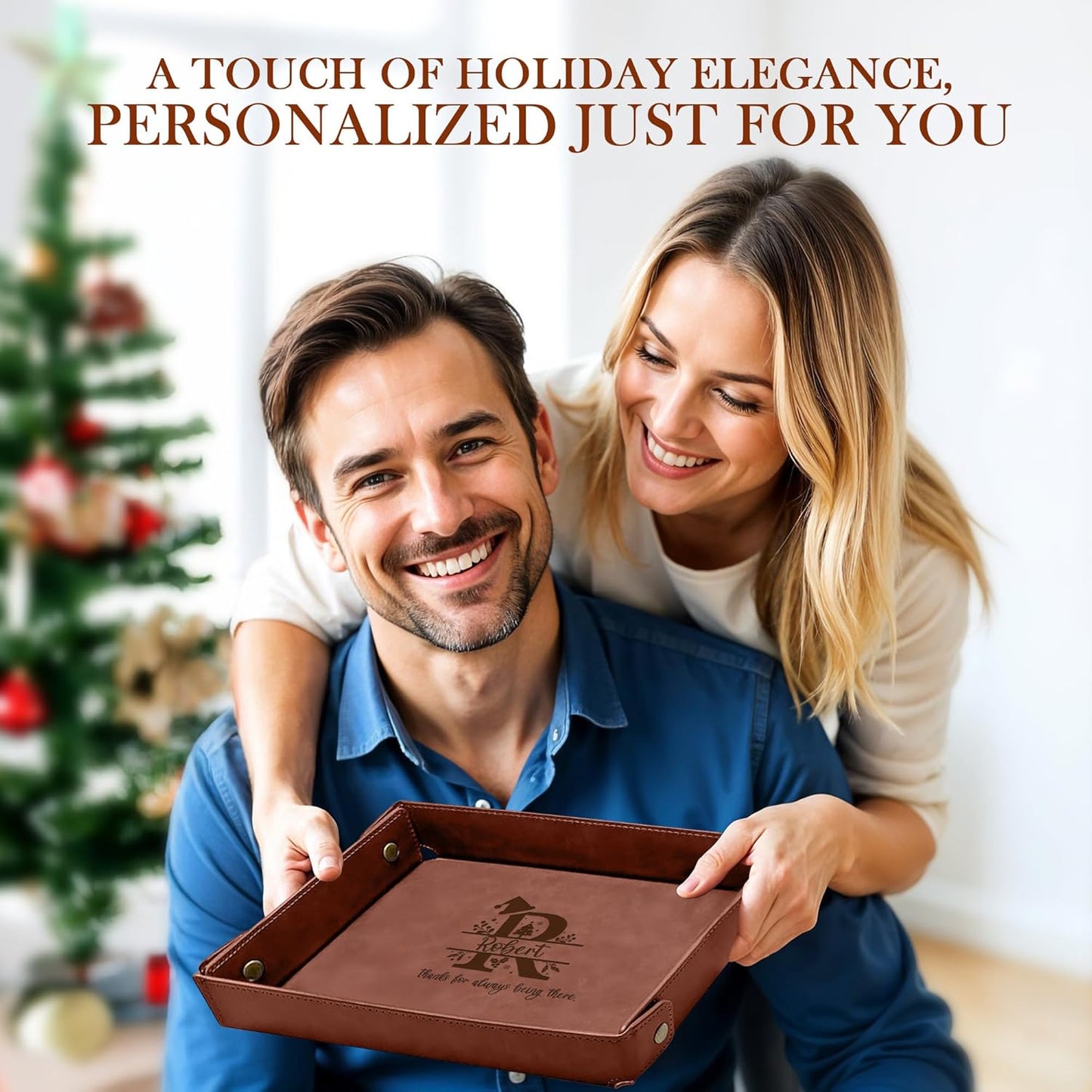 Engraved Leather Valet Tray for Men – Personalized Catchall with Custom Name for Desk, Dresser, Nightstand – Men's Organizer Tray for Keys, Wallet, Jewelry, Personalized Gift for Home, Office - Coffee