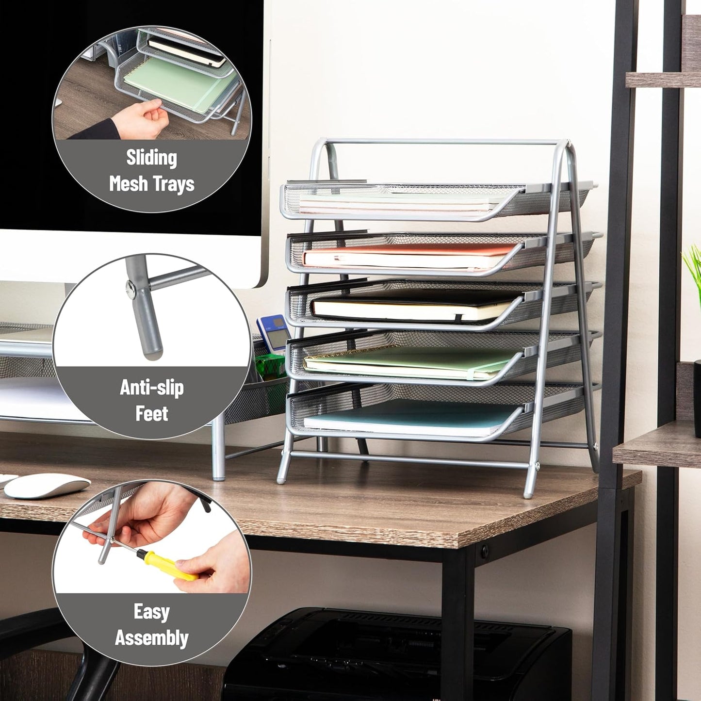 Mind Reader 5-Tier Paper Tray Organizer, Vertical Desktop File Storage Rack, Office, Metal Mesh, Black