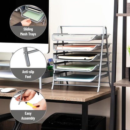 Mind Reader 5-Tier Paper Tray Organizer, Vertical Desktop File Storage Rack, Office, Metal Mesh, Black