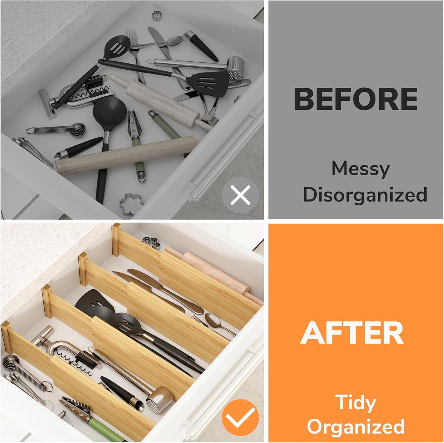 BAMEOS Drawer Dividers kitchen Organization Bamboo Utensil Organizers for Kitchen Bedroom Bathroom Dresser Office 4-pack