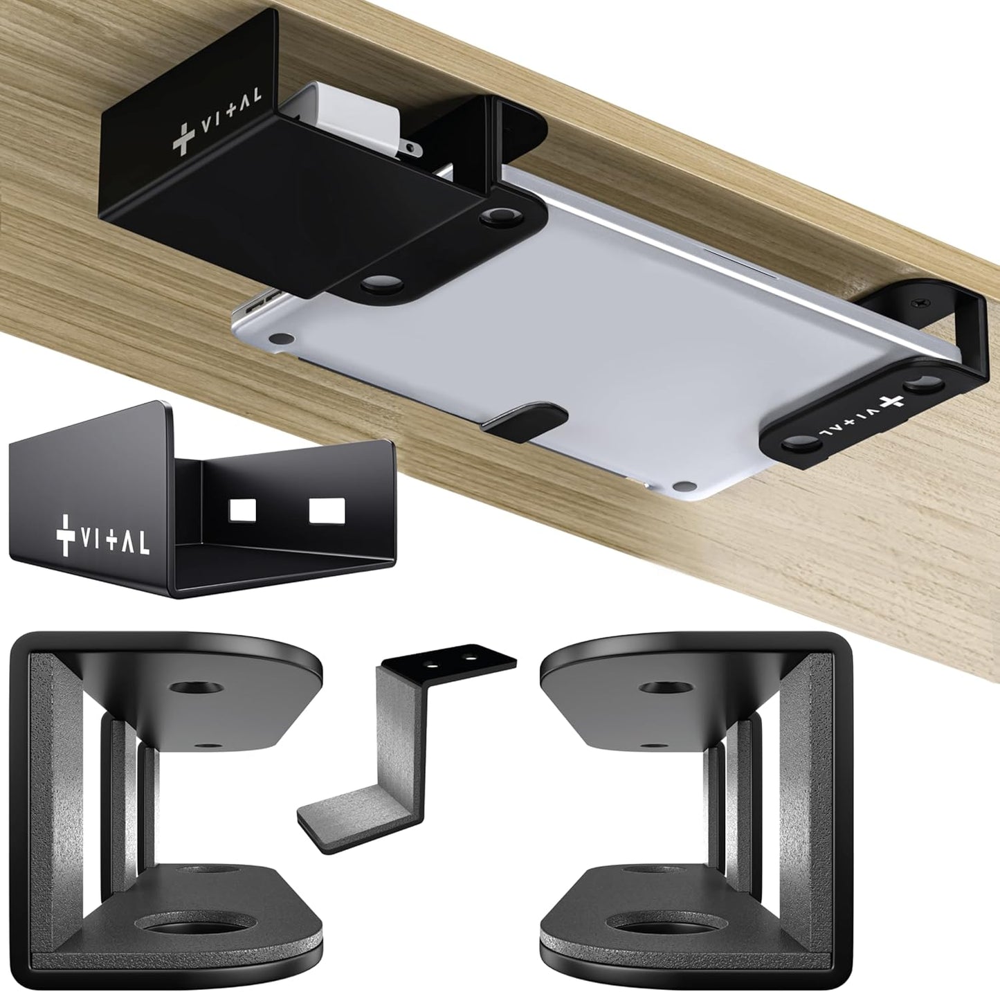 VI+AL Under Desk Laptop Mount - Hidden Metal Shelf with Side Storage, Hook & Cable Organizer - Installs with Tape & Screws - Fits Devices up to 1.7" Thick - Deluxe + LED (USB Light Strip & Remote)