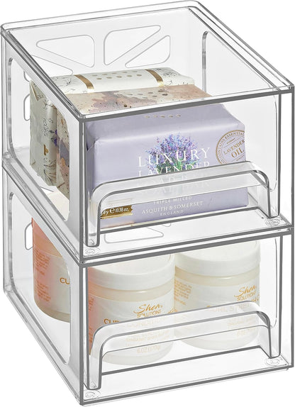 Oizeir Acrylic Drawer Organizer 2-Pack – Clear Stackable Storage Drawers for Makeup, Skincare, Vanity, Bathroom, Under Sink, Kitchen & Office – Non-Slip, Durable, Multi-Purpose Organizer Bins