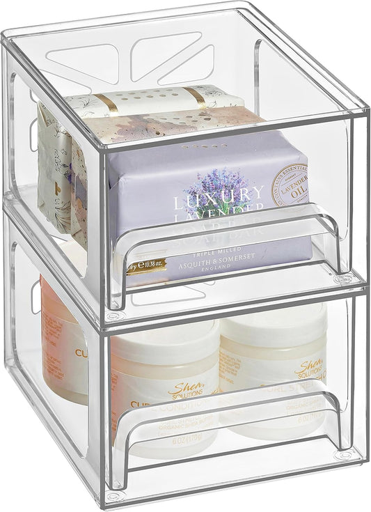 Oizeir Acrylic Drawer Organizer 2-Pack – Clear Stackable Storage Drawers for Makeup, Skincare, Vanity, Bathroom, Under Sink, Kitchen & Office – Non-Slip, Durable, Multi-Purpose Organizer Bins