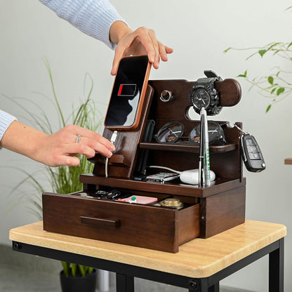 TESLYAR Wood Phone Docking Station with Drawer - Nightstand Organizer - Desk Organizer for Husband - Birthday Gifts for Men, Dad, Anniversary Idea, Key Holder Stand Watch & Accessories (Antique Brown)