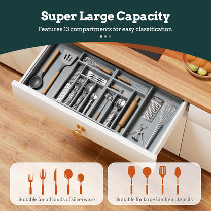Silverware Organizer Large, Magnetic Connected Expandable 13 Slots Silverware Drawer Organizer From 21 to 37.4 Inches, Adjustable Flatware and Cutlery Holder, Bamboo Utensil Tray for Kitchen Natural