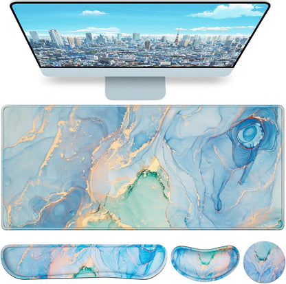 Desk Mat, Large Gaming Mouse Pad with Wrist Rest, 4in1 XXL Mousepad+Keyboard Wrist Rest+Mouse Pad Wrist Support+Cup Coaster Set Ergonomic Floral Computer Desk Arm Wrist for Decor Home Office Women