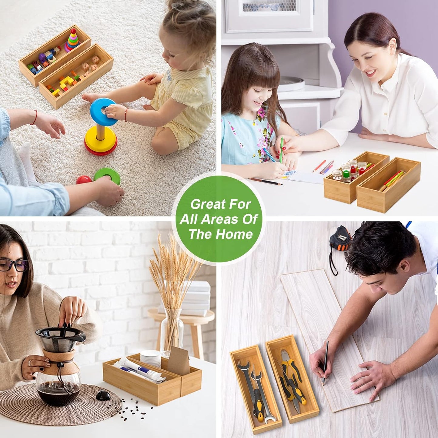 Lixple Bamboo Drawer Organizer, Cutlery Silverware Organizer for Kitchen Drawer, Stackable Utensil Organizer, 2 Pcs Flatware Organizer for Drawer, Wooden Storage Box Tray (Bamboo, 9 X 6 X 2 Inch)