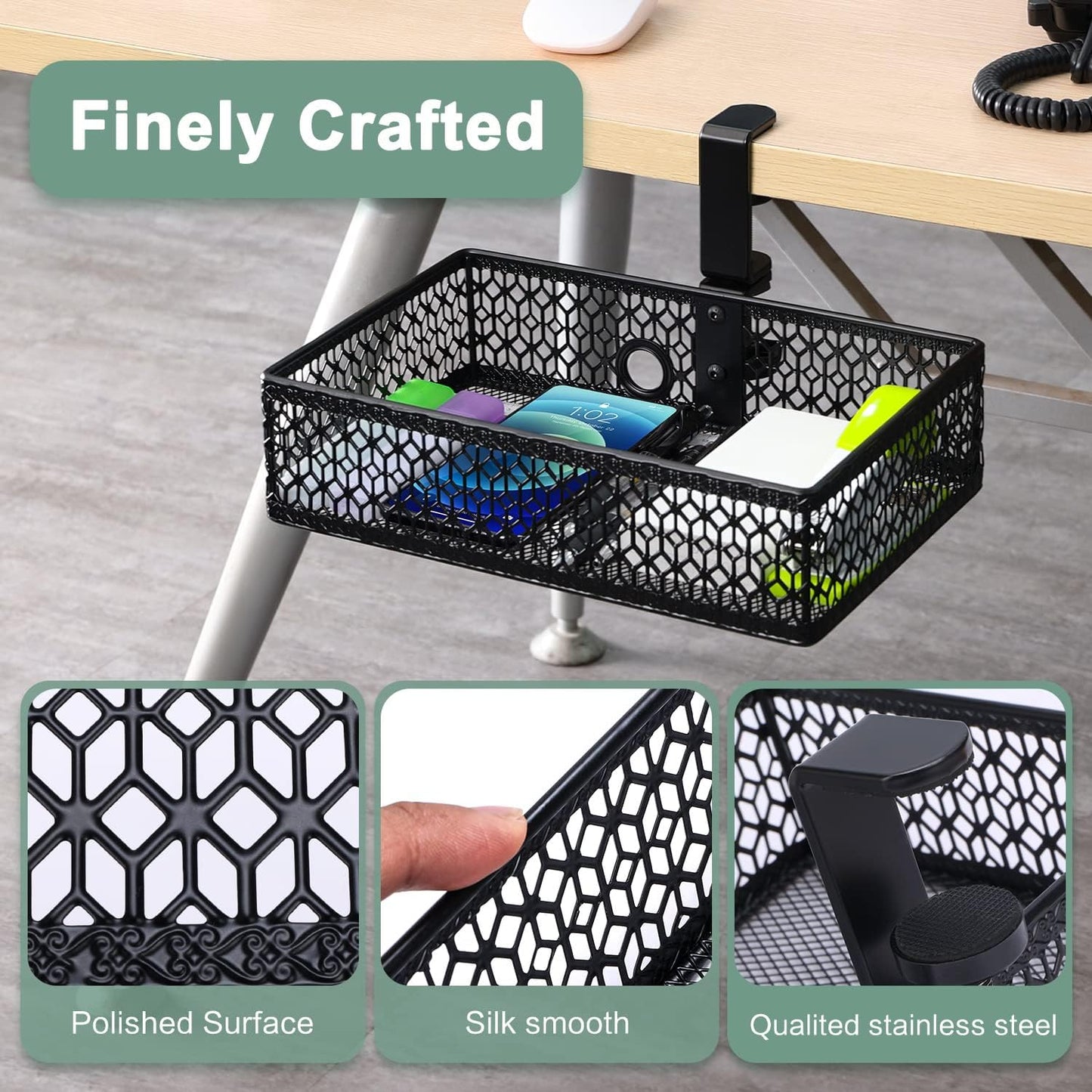ROSYLINE OSYLINE Heavy Duty Clamp On Under Desk Drawer Organizer Storage Tray Basket with Non-Slip Pad Hanging Mount for Home Office Studio Bedroom or Dorm (Black)