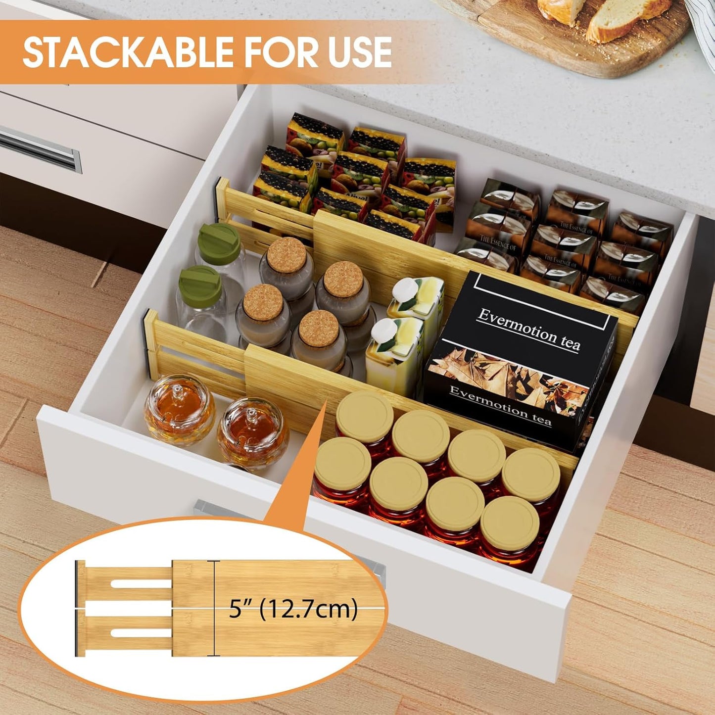 Bamboo Drawer Dividers,17-22" Adjustable Kitchen Drawer Organizer for Clothes,4 Pack Expandable Drawer Organization Separators for Bedroom,Bathroom,Dresser and Office,Natural