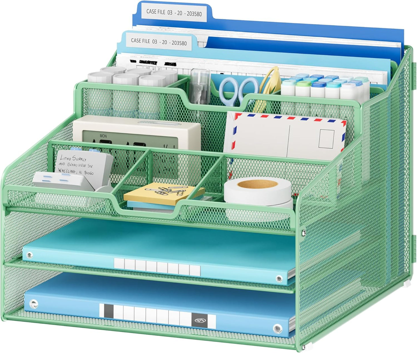 Lavatino Desk Organizer - Metal Mesh with 2 Paper Letter Trays, 7 Flexible Dividers, 2 Vertical File Holders for Office/Home/Classroom Supplies, Desk Organizers and Accessories, Black