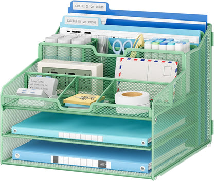 Lavatino Desk Organizer - Metal Mesh with 2 Paper Letter Trays, 7 Flexible Dividers, 2 Vertical File Holders for Office/Home/Classroom Supplies, Desk Organizers and Accessories, Black