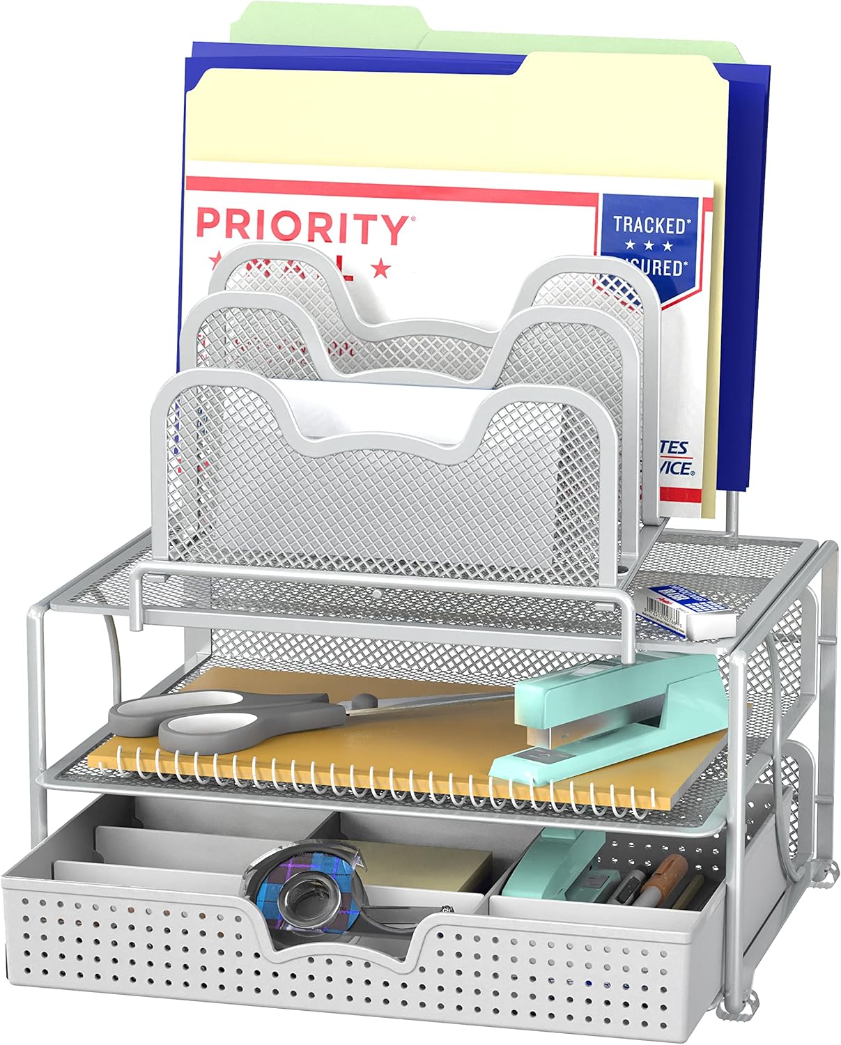 Simple Houseware Mesh Desk Organizer with Sliding Drawer, Double Tray and 5 Stacking Sorter Sections, Black