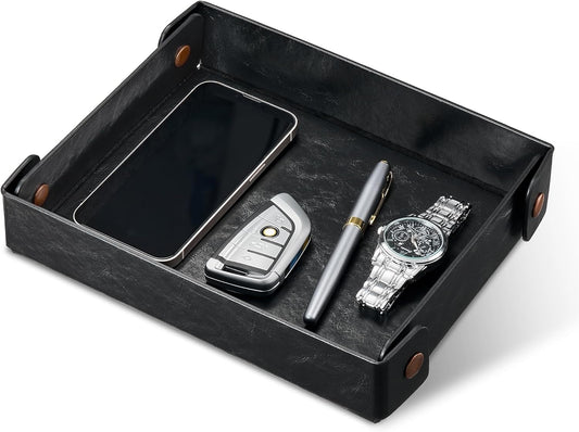 Catch All Valet Tray - EDC Organizer for Key, Wallet, Watch, Jewelry, Phone, coin change | Faux Leather Storage Tray for Dresser, Nightstand, Desk, Entryway, Travel Storage | Brown
