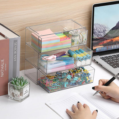 Acrylic Pencil Drawer with Removable Dividers Clear Pull Out Pen Drawer Organizer Stackable Bathroom Organizer for Makeup, Cosmetics, Office Supplies,3 Pack