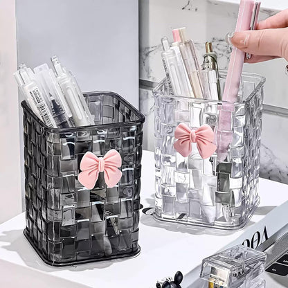 Acrylic Pen Holder for Desk, Clear Pencil Organizer Makeup Brush Cup Holders with Bow Back To School Accessories for Teachers Appreaction Present (Transparent)
