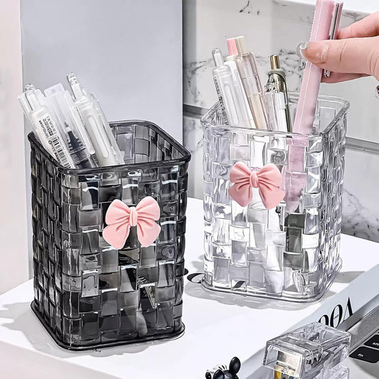 Acrylic Pen Holder for Desk, Clear Pencil Organizer Makeup Brush Cup Holders with Bow Back To School Accessories for Teachers Appreaction Present (Transparent)