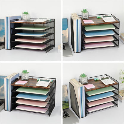 OPNICE Desk Organizer, 5-Tier Paper Organizer Letter Tray with Magazine Holder, Office Desk Accessories & Workspace Organizers, Desktop File Organizer for Office Supplies Storage, Black