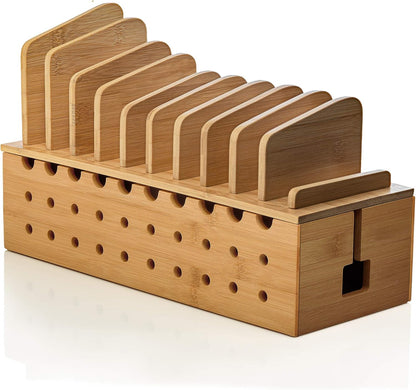 Prosumer's Choice Multi Device Charging Station - Bamboo Charging Dock and Cord Organizer for 10 Devices - Bamboo Desk Organizer Rack with Cable Box for Power Strip Storage, Phones and Tablets