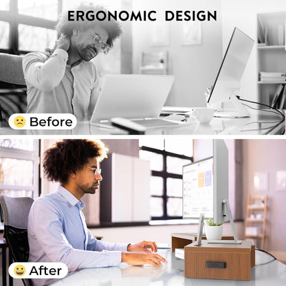 BONTEC Dual Monitor Stand Riser with Smartphone Holder, Adjustable Length & Swivel Angle, Ergonomic Wooden Desktop Organizer for PC Monitor, Laptop, Printer, Large Storage, White