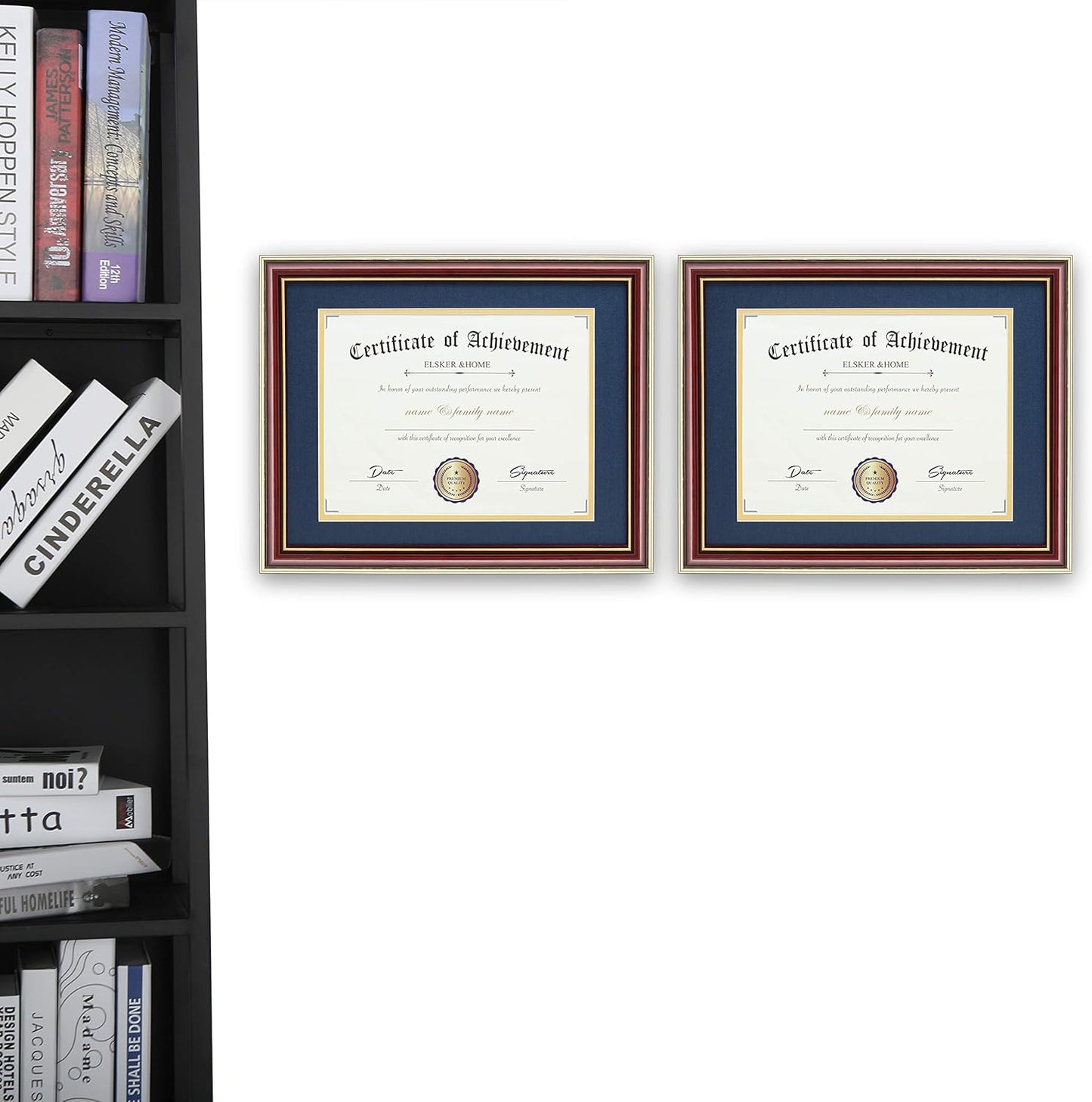 ELSKER&HOME Diploma Frame - Wide Solid Wood Frame - Black Velvet Golden Rim Mat - Semi-Tempered Glass - Includes Hanging Hardware and Desktop Easel(ONLY Display 11×14 Document/Certificate)