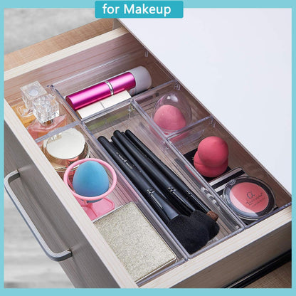 DCA 44 PCS Clear Drawer Organizers Set, 4 Size Versatile Bathroom and Vanity Organizer Trays, Cosmetic Display Cases for Makeup, Jewelries, Bedroom, Kitchen Utensils and Office