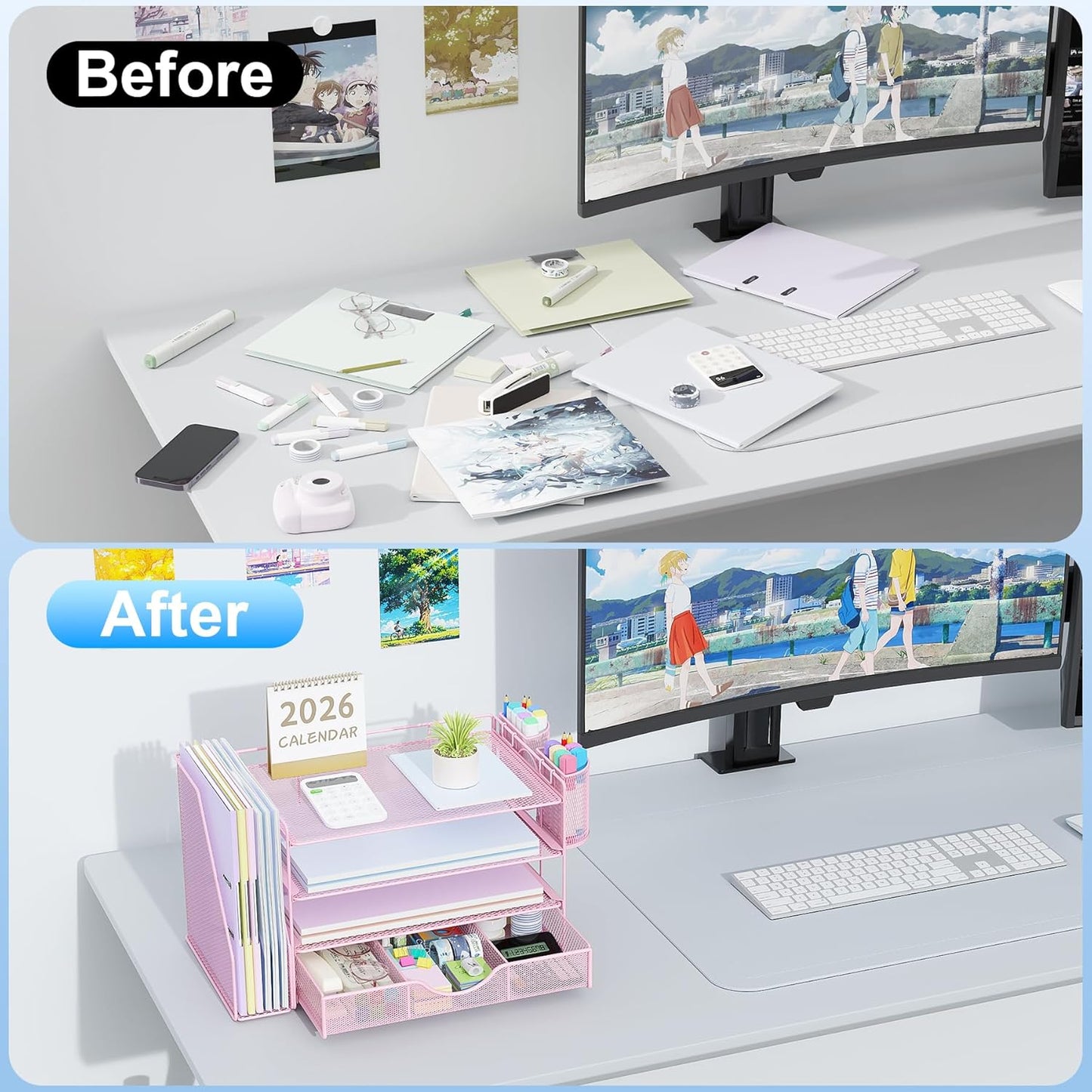 gianotter Desk Organizers and Accessories with File Holder, 4-Tier Desk Accessories & Workspace Organizers with Drawer and 2 Pen Holder, Paper Organizer for Office Supplies (Rose Gold)