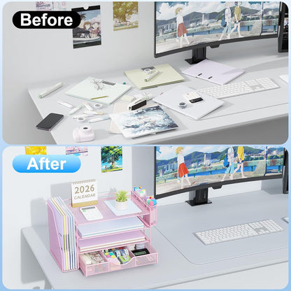 gianotter Desk Organizers and Accessories with File Holder, 4-Tier Desk Accessories & Workspace Organizers with Drawer and 2 Pen Holder, Paper Organizer for Office Supplies (Rose Gold)