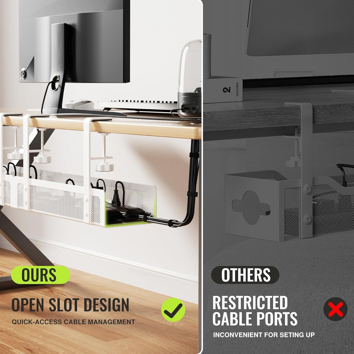 2 Pack Cable Management Under Desk Tray, 31.4" No Drill Under Desk Wire Management with Upgraded Clamp, Metal Cord Organizers for Desk with Cable Organizers, PC Cable Management Rack, Black