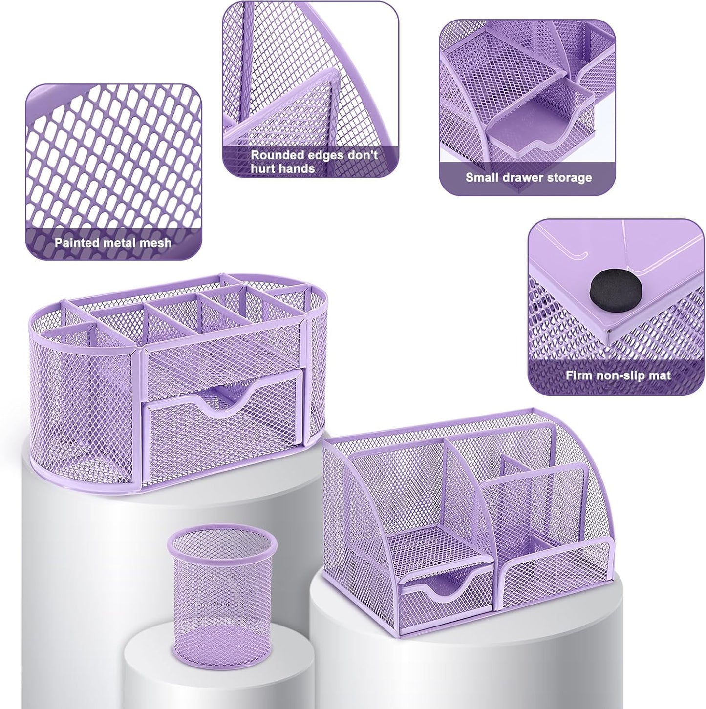 17 in1 Silvery Desk Organizers and Accessories Set, 3 Office Desk Supplies Storage Organization, 4 Pens, Stapler, Staples & Remover, Tape & Dispenser, Scissors, Ruler, Clips, Hole Punch Back to School